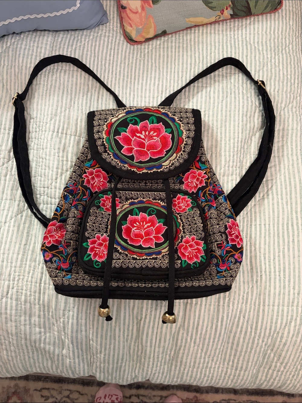 Bohemian Embroidered Floral Backpack - Black with Red Accents